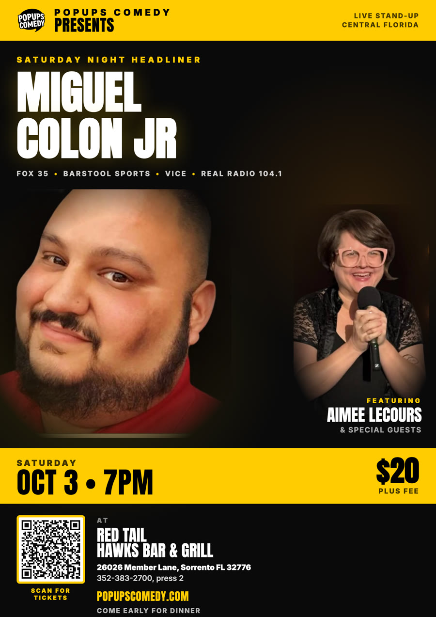 Popups Comedy presents Miguel Colon Jr, Saturday 3 October at Red Tail, Hawks Bar and Grill